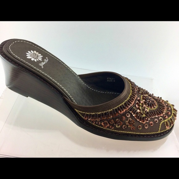 Yellow Box Kinzy Brown Beaded Wedge Mules 9 - Picture 1 of 9